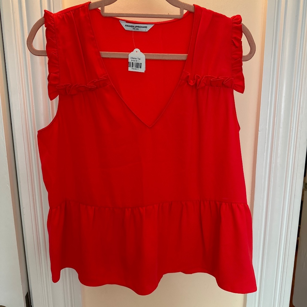 Cherry red ruffle v neck sleeveless top. Perfect. New w tags attached.